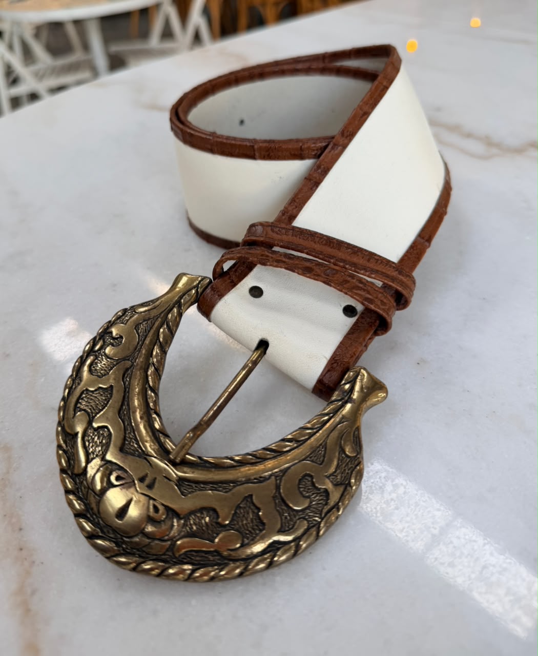 Vintage White Leather Belt